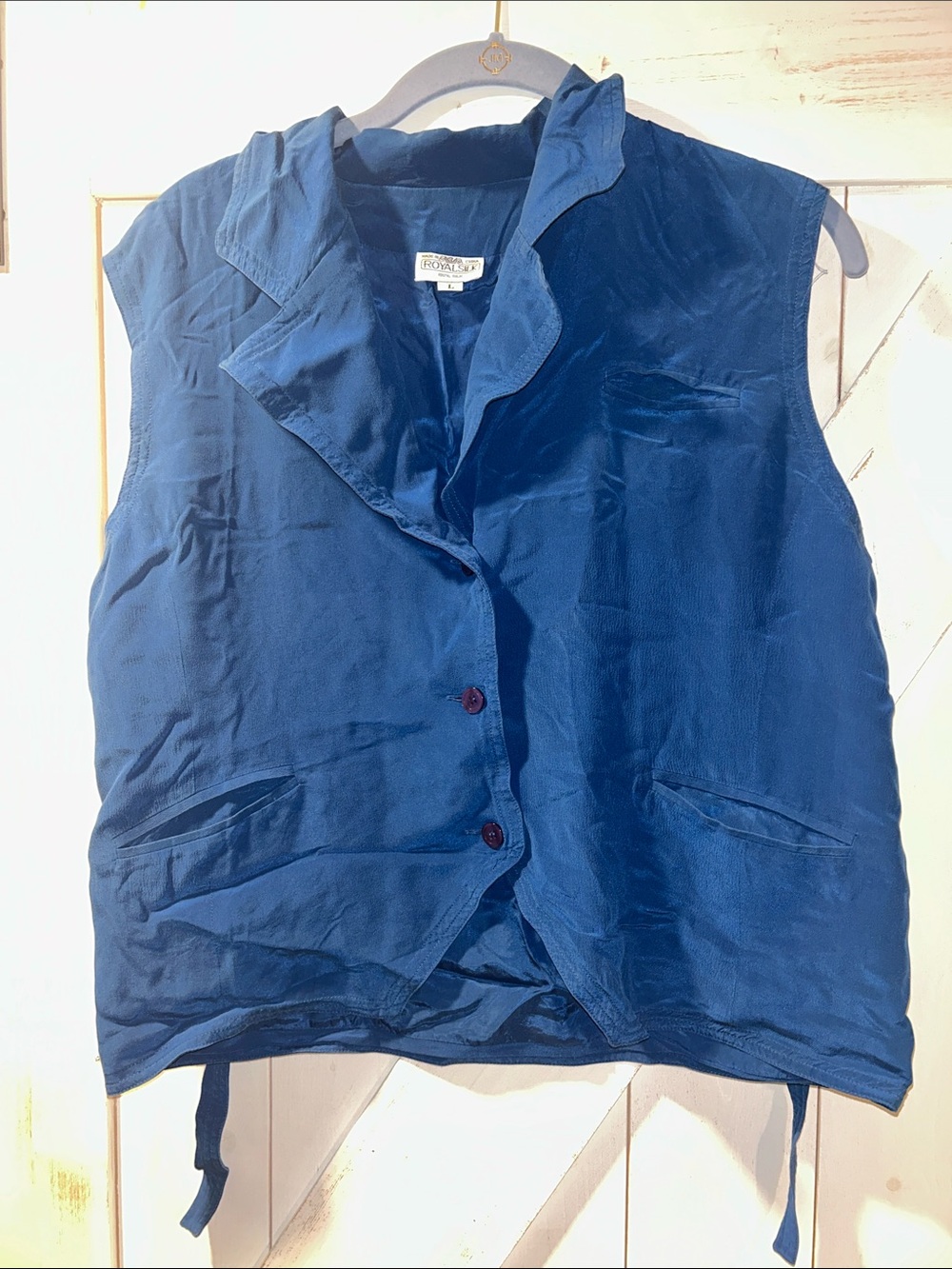 Royal Silk Blue 100% Silk Vest Large Buttondown Collared Tie Back Vintage